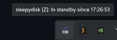 sleepydisk tray application showing disk is sleeping